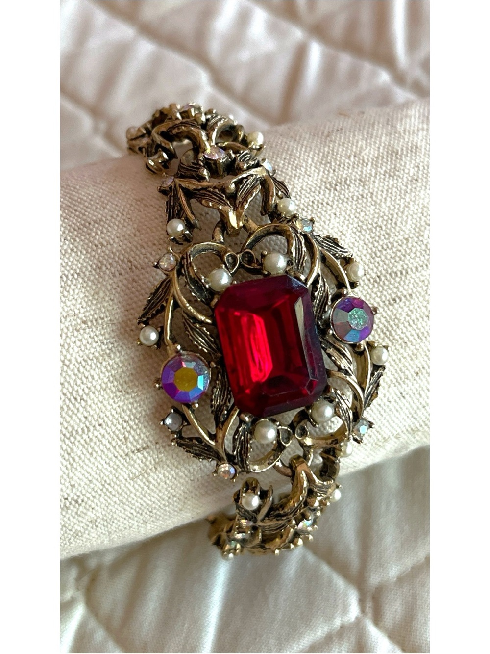 Vintage Antiqued Gold Tone Statement Bracelet with Red Rhinestone and Pearls